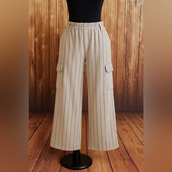 Ellen Tracy Women Linen Blend Cargo Pants Beige Stripe Pull-On Wide Leg Size XL - Picture 1 of 10